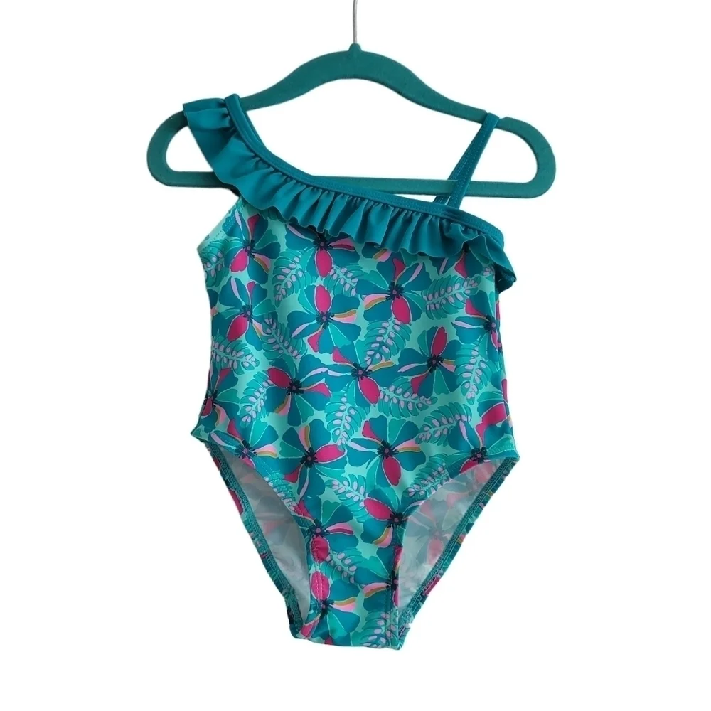 Au Pareil Au Même Blue Tropical Floral Asymmetrical One Piece Swimsuit